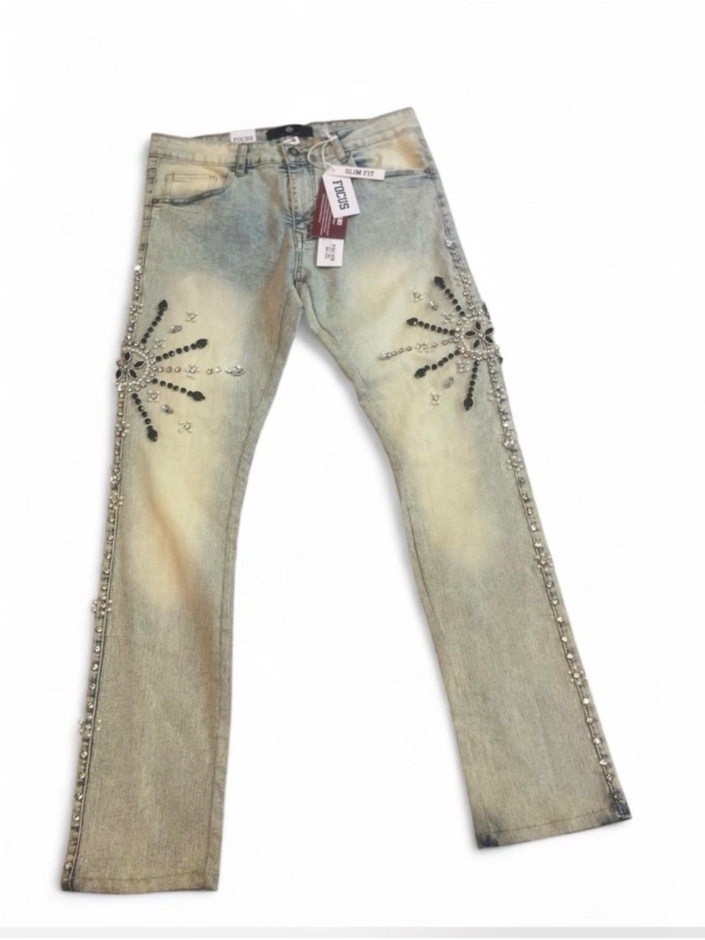 Slim Straight Embellished Light Wash Jeans - Focus Jeans